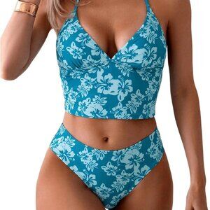 Women's Floral Print Halter Neck Tankini Top Two-Piece Bathing Swimsuit XS/057